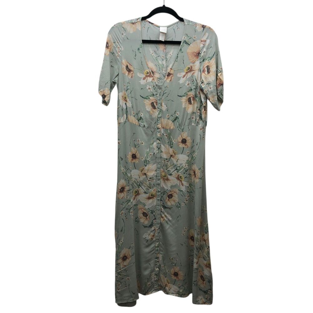 H&M Dress Womens Size 6 Sage Green Dress Cottagecore Floral Button Down Romantic